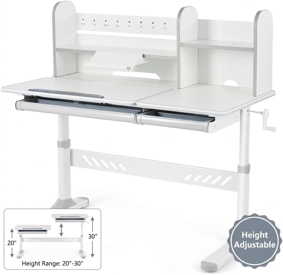JOYLDIAS Ergonomic Kids Desk with Hutch, 47" Wide Height Adjustable Study Table for Home School, Anti-Hunchback Tilting Desktop for Reading & Drawing, Durable Student Learning Center for Boys & Girls