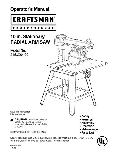 Cover of the Craftsman 315.220100 Radial Arm Saw Instruction Manual Reprint