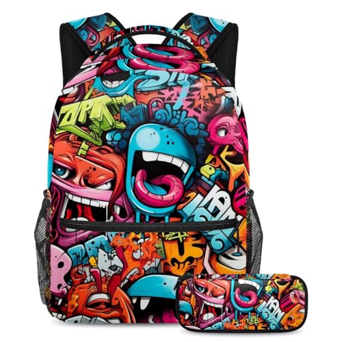 Sac à dos d'école grande capacité 2 pièces avec trousse imprimé multicolore pour adolescent