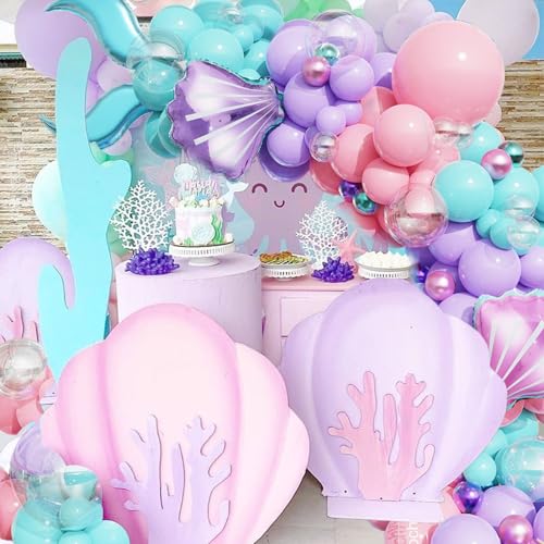 Image of Mermaid Balloon Garland Arch Kit,Under The Sea Ocean Party Decorations | Pastel Pink Purple Teal Blue Clear Balloons with Tail Seashell Foil Balloons for Summer Little Mermaid Birthday Party Decor