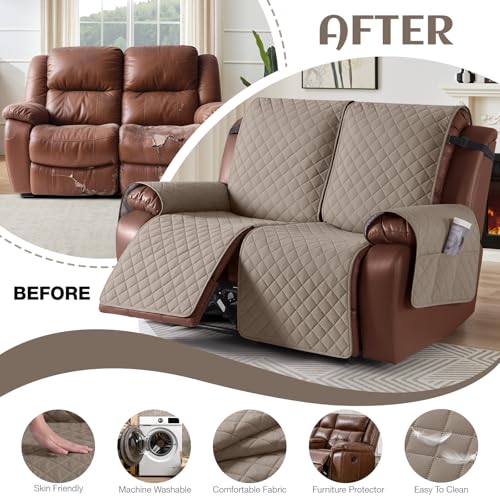 Image of KinCam Waterproof Loveseat Recliner Cover, Non-Slip Reclining Couch Covers for 2 Seat, Recliner Sofa Cover Furniture Protector with Elastic Straps for Kids, Pets, Taupe