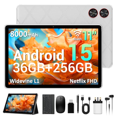 AXETOP 11 inch Tablet with Case, Android 15 Tablet, 36GB RAM+256GB ROM, Octa-Core, FHD Display, 5G WiFi丨13MP + 8MP丨Widevine L1丨8000mAh丨BT5.0, 2 in 1 Tablets with Keyboard, Mouse, Stylus - Gray