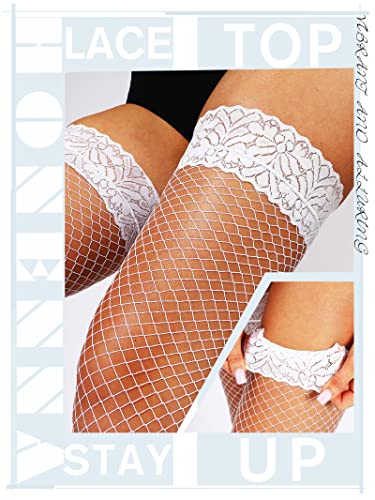 HONENNA Fishnet Thigh High Stockings, 20+ Colors Silicone Lace Top Stay Up Nylons Tights for Woman, Size A-D3