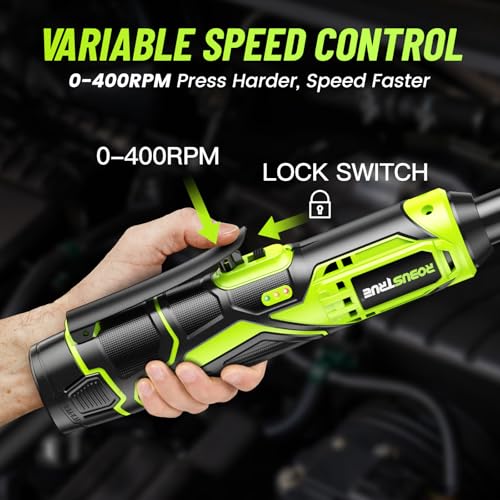 Image of Robustrue 3 /8 inch Cordless Ratchet Wrench, 6-inch Extended Ratchet Wrench, 40Ft-lbs 400RPM Cordless Ratchet, 2 Batteries Power Electric Ratchet Driver with Variable Speed, 7 Sockets, LED Light