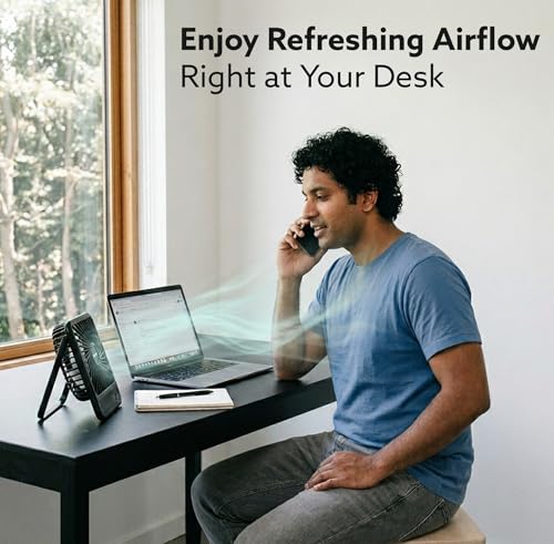 Image of AGARO Primo Rechargeable Portable Desk Fan, Mini Fan with USB Type-C, 3 Speeds, Foldable Adjustable Stand, Long-Lasting Battery, Quiet Personal Cooling for Home, Office & Travel