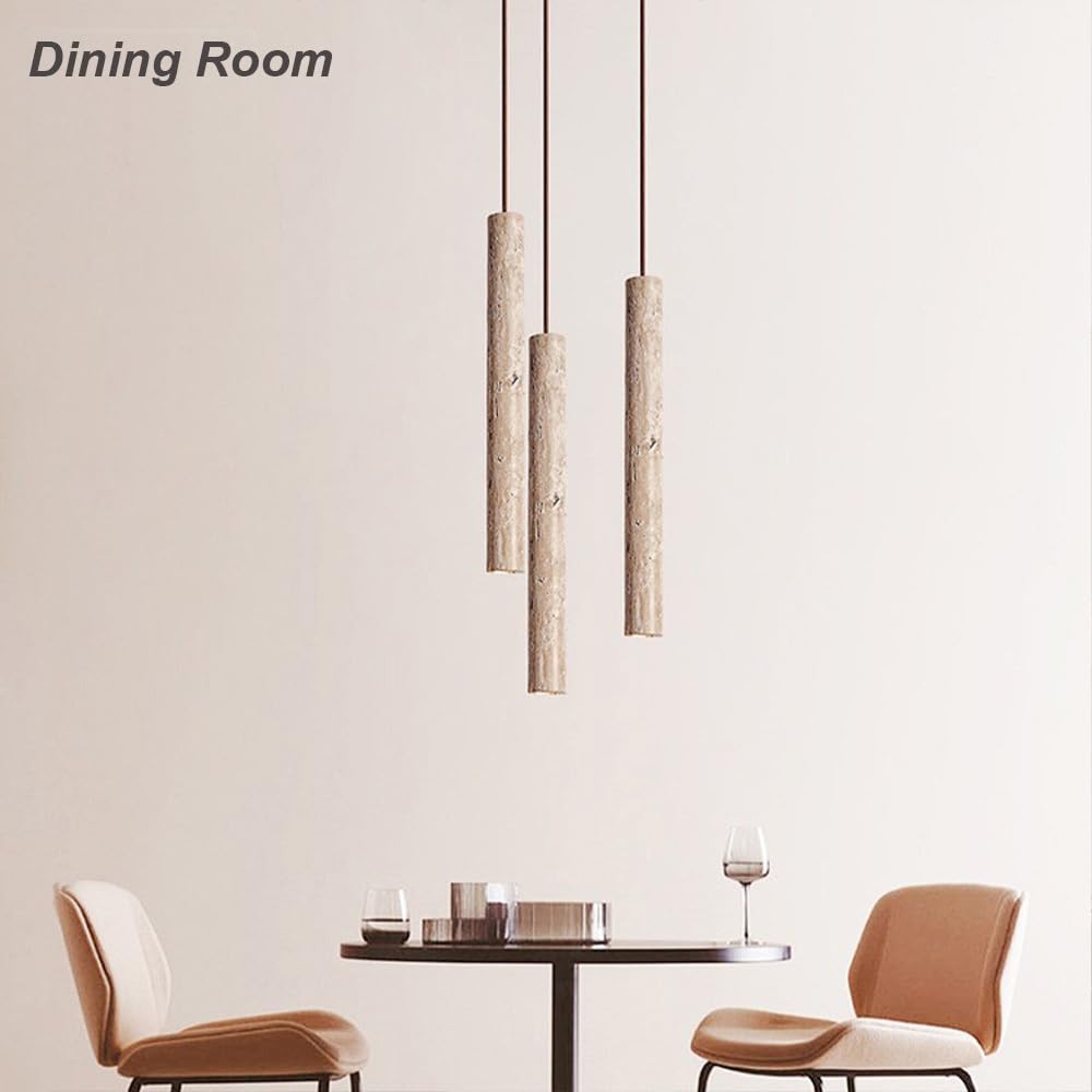 Japanische Gelbe Travertin Pendelleuchte, Lange Cremefarbene Zylinder Stein Hängelampe Kronleuchter Minimalistisch für Nachttisch Wohnzimmer(4000K)
