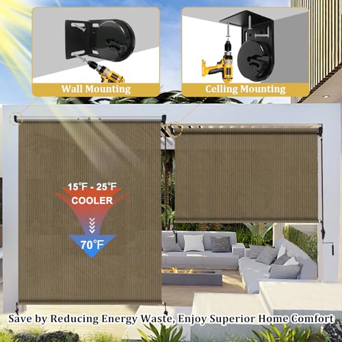 Image of Shade&Beyond Patio Shades Roll Up Outdoor 9' W x 8' H, Cordless Roller Shade Blinds with 90% UV Protection, Exterior Sunshade Cloth Roll for Pergola Porch Gazebo Balcony, Coffee Brown