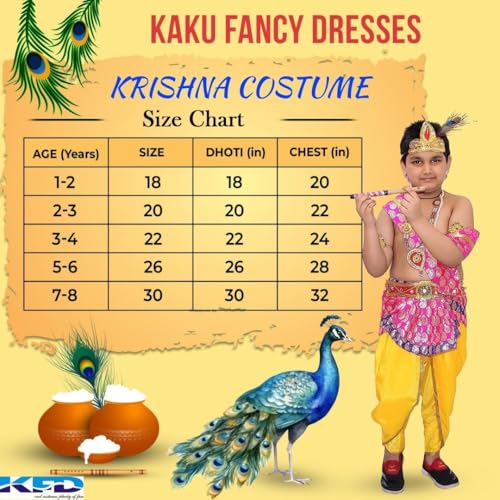 Image of Kaku Fancy Dresses Krishna Costume With Dhoti For Boy /Janmashtami /Bal Gopal Dress /Kanha Costume /Bal Krishna /Mythological Costume For Boy - Yellow-Red, 1-2 Years