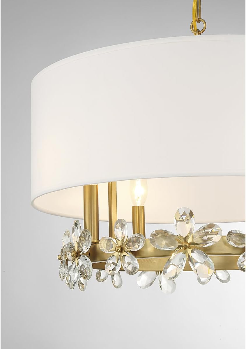 Savoy House 7-4366-4-322 Dahlia Vintage White Linen Fabric Drum Pendant with Clear Crystal Flowers, 4-Light 240 Total Watts, 14" H x 21" W, Warm Brass