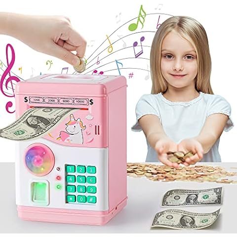 Piggy Bank for Girls,Money Box with Password Fingerprints and Music Electronic Auto Scroll Paper Money,Piggy Banks Suitable for 3-12 Years Old Girls Birthday (pink) Cover