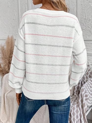 Image of SOLY HUX Striped Sweaters for Women Crew Neck Drop Shoulder Long Sleeve Knit Fall Sweater Pullover Tops White Striped Large