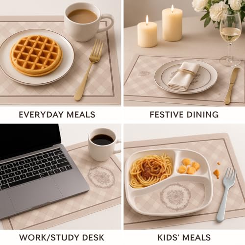 Image of YELONA Leather Dining Table Placemats Set of 4 - Waterproof, Heat Resistant, Anti-Slip, Easy to Clean Table Mats for Dining Table, Kitchen & Home Decor (Pastel Pink, 40 x 30 cm)