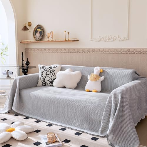 VANJOROY Waffle Large Grey Sofa Throw Blanket With Tassels For 2 3 4 Seater 100% Handwoven Cotton Knitted Settees Throw for Couch Armchair and Bed 130×180cm-Light Grey