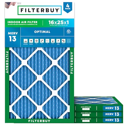Filterbuy 16x25x1 Air Filter MERV 13 Optimal Smoke & Allergy Defense (4-Pack) Electrostatic Pleated HVAC AC Furnace Filters Replacement Made in USA (Actual Size: 15.50 x 24.50 x 0.75)