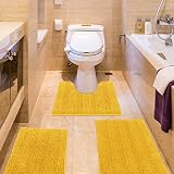 Striped Yellow Bathroom Rug Set 3 Pieces Ultra Soft, Non Slip Chenille Bath Carpet, Absorbent Plush