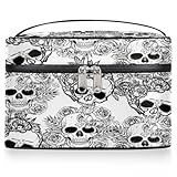 lakefvgk Travel Makeup Bag, Skull Floral Cosmetic Bag for Women Girls, Portable Large Toiletry Bag Case Organizer for Toiletries Accessories Brushes