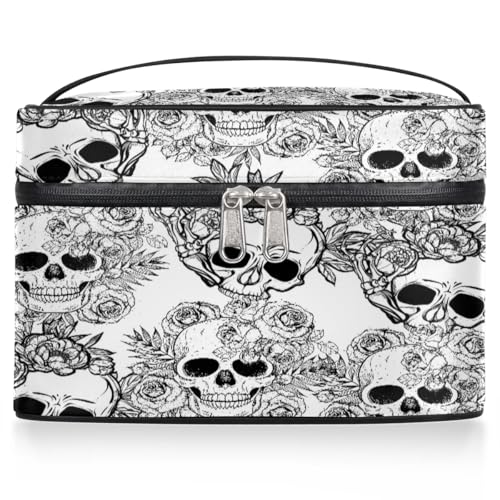 lakefvgk Travel Makeup Bag, Skull Floral Cosmetic Bag for Women Girls, Portable Large Toiletry Bag Case Organizer for Toiletries Accessories Brushes