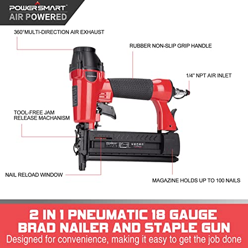 Pneumatic Brad Nailer, Powersmart 2 In 1 Nail Gun And Crown Stapler With Safety Glasses, Compatible With 5/8” Up To 2” Nails, 18 Gauge Brad Gun For Upholstery, Carpentry And Woodworking Projects #TOP2