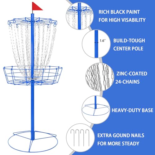 Image of Disc Golf Basket - Portable Disc Golf Target with Heavy Duty 24-Chains Come with 6pcs Disc Golf Discs and Carry Bag, Ground Stake -Suitable for Players of All Levels - Multi Color Available