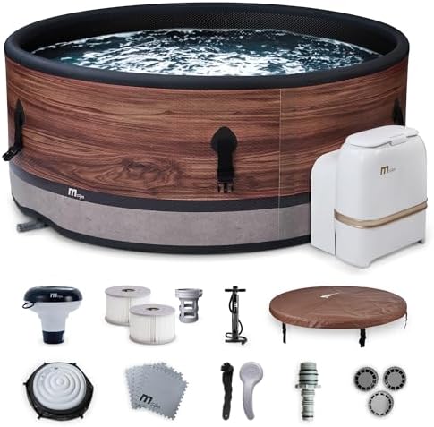 MSpa 6-Person Inflatable Hot Tub, Duet Round Bubble Massage Spa for Outdoor Use, Woodgrain - Portable Spa Machine with Accessories for Home and Personal Relaxation