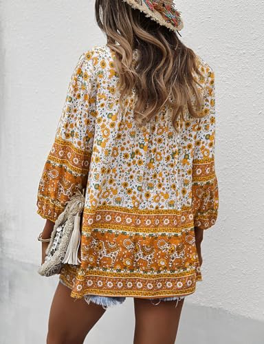 KAYWIDE Women's Casual Boho V Neck Top Loose Floral Printed Long Sleeve Beach Shirts Blouses4