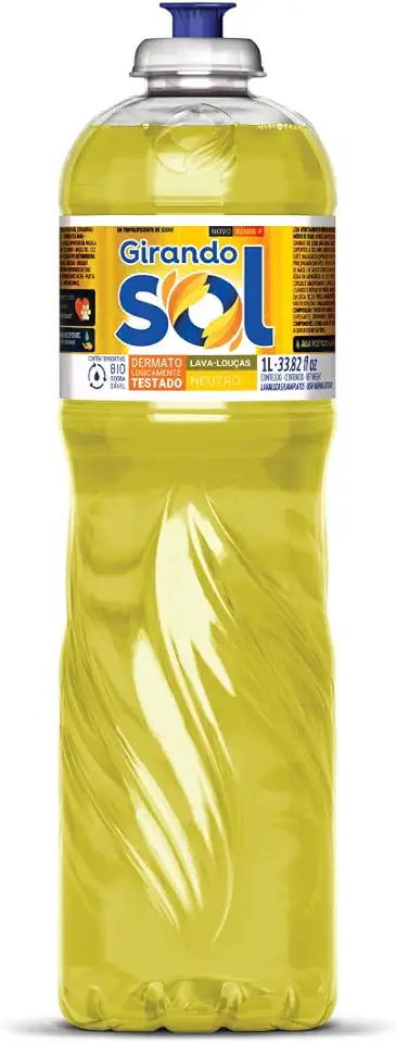 Girando Sol Detergente Lava-Louças Neutro 1L Detergente Líquido Para Lava-Louças Amarelo Contém Tensoativo Biodegradável Neutro Dermatologicamente Testado