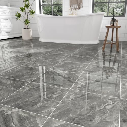 10-Pack 10 Sq.Ft Peel and Stick Floor Tiles Vinyl Glossy Pattern Flooring, 12” x 12” Self Adhesive Vinyl Flooring DIY for Kitchen, Bathroom, Laundry, Polish Dark Grey Marble