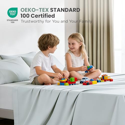 Image of Sophia & William 100% Cotton Sateen Sheet Set Queen Size 4 Piece Smoky Grey | 1000 Thread Count Ultra-Soft 4 Piece Bedding, Extra Deep 16 inch Pocket Fitted Sheet Fits Most Mattresses, OEKO-TEX 100 Certified