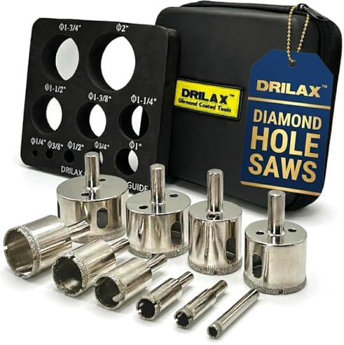 Drilax Diamond Hole Saw Kit for Tile and Glass, 10 Pc Drill Bit Set 1/4 to 2 Inch with Guide, Ceramic Porcelain Granite Stone Core Bits for Drill, Circle Cutter for Faucet Drain Installation