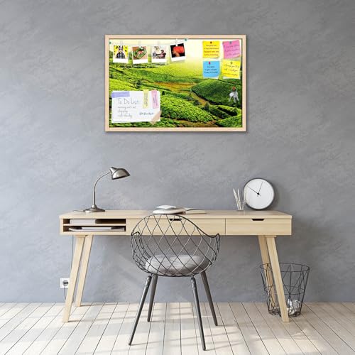 Image of ArtzFolio Tea Plantations, Munnar, Kerala | Bulletin Board Notice Pin Board | Vision Soft Board Combo with Thumb Push Pins & Sticky Notes | Natural Brown Frame | 24 x 16 inch (61 x 41 cms)