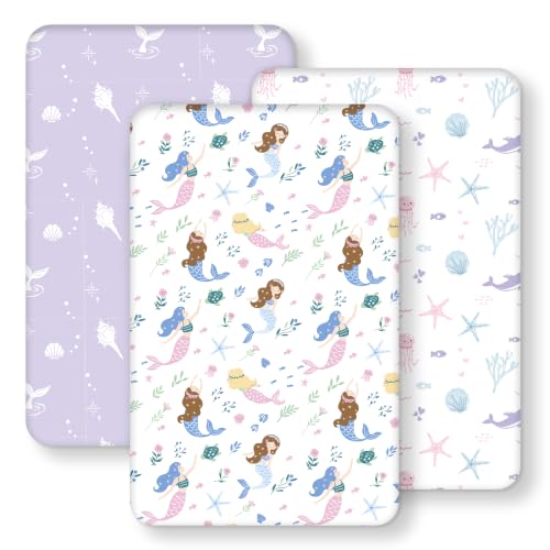 Image of Baby Bedside Bassinet Sheets Fitted, 33 inchx20 inch Compatible with Baby Delight Dream On Me & Most Rectangle Bedside Sleeper Bassinet Mattresses, Super Soft Microfiber Purple Mermaid