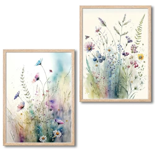 Image of Framed Colorful Flowers Bathroom Wall Art Decor, Blue Floral Picture Canvas Print White Daisy Painting Artwork for Bedroom Office Decoration 12 inchx16 inchx2 Panels