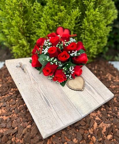 Arrangement funéraire avec roses rouges - Décoration funéraire - Composition florale avec fleurs artificielles en forme de livre en bois