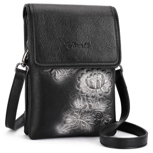 Image of Small Crossbody Bags for Women Trendy Vegan Leather Cell Phone Bag Embossed Flower Design Wallet Purses with Strap