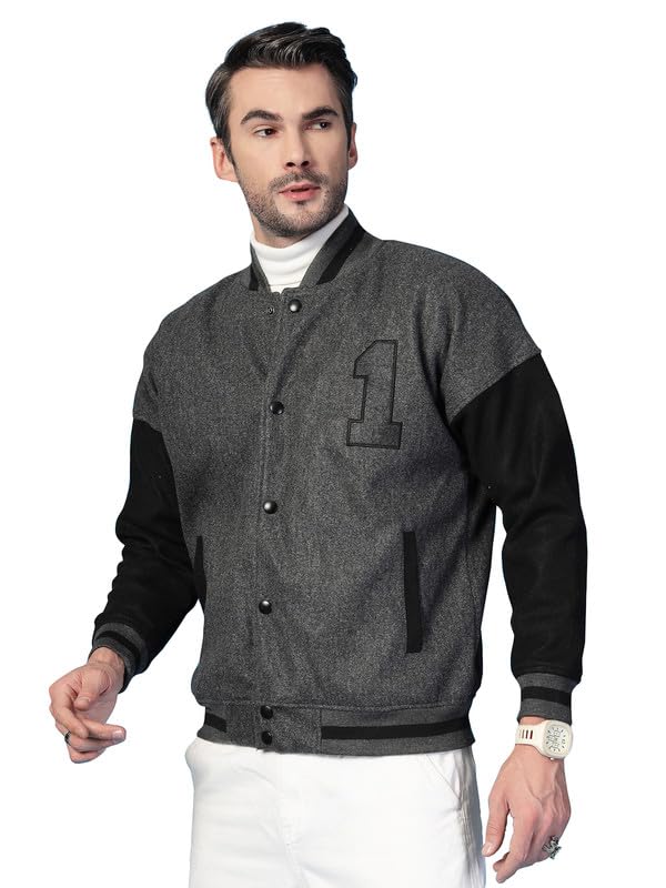 Image of CHKOKKO Men's Oversized Varsity Jacket with Snap Button Closure and Patch Design Trendy Comfortable Outerwear for College Travel and Casual Wear