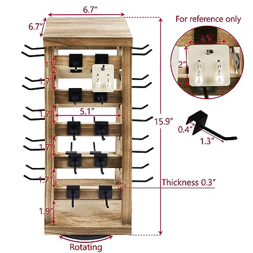 Ikee Design Exquisite Rotating Jewelry Tower - Natural Wood Finish - Showcase And Organize Your Collection With 42 Hooks - Easy Earring Display Stand - 5 Bars On Each Face For Maximum Storage - Oak Color - 6.7" W X 6.7" D X 15.9" H #TOP1
