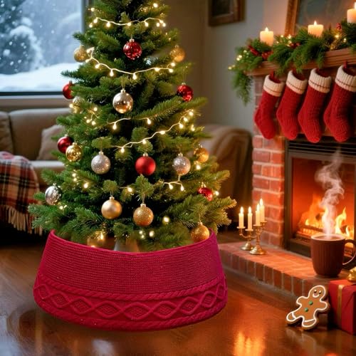 Jupe de sapin de Noël pour cacher le pied du sapin tapis en tricot torsadé rouge pliable - 4