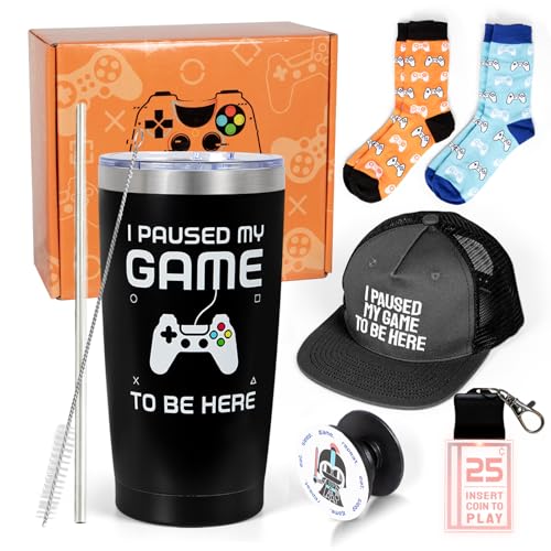 Gamer Gifts for Men Teenage Boys - Teen Boys with 20 oz Insulated Tumbler, Gaming Hat, Socks, Keychain, Cool Pop Socket - Gifts for Men, Him, Boyfriends, Gamers, Game Lover