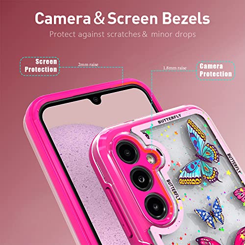 Kachen For Samsung Galaxy A14 5G Case, Hot Pink Frame 3D Rhinestone Butterfly Slim Fit Shimmer Sparkle Hybrid Shockproof Bumper Cell Phone Case For Women Girls #TOP2