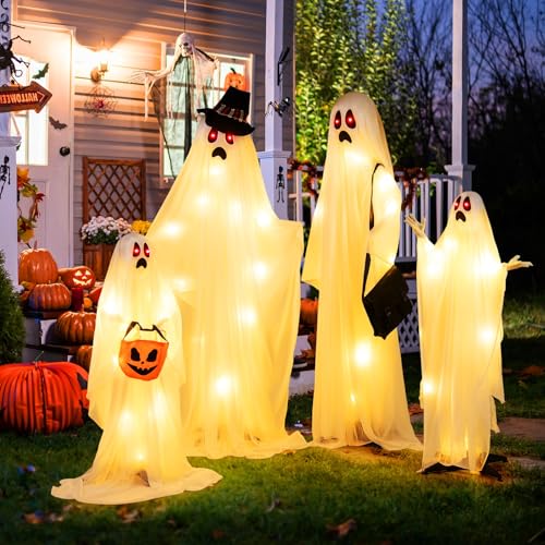 Tangkula 4 PCS Halloween Lighted Standing Ghost Family with Red