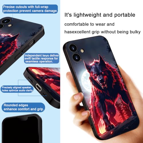 Printed with Wolf for iPhone 16 case, Under The Full Moon, The Wolf King with Untamed Power and Radiating Red Eyes - Silicone Shockproof Case (A1-Wolfs-Animal)
