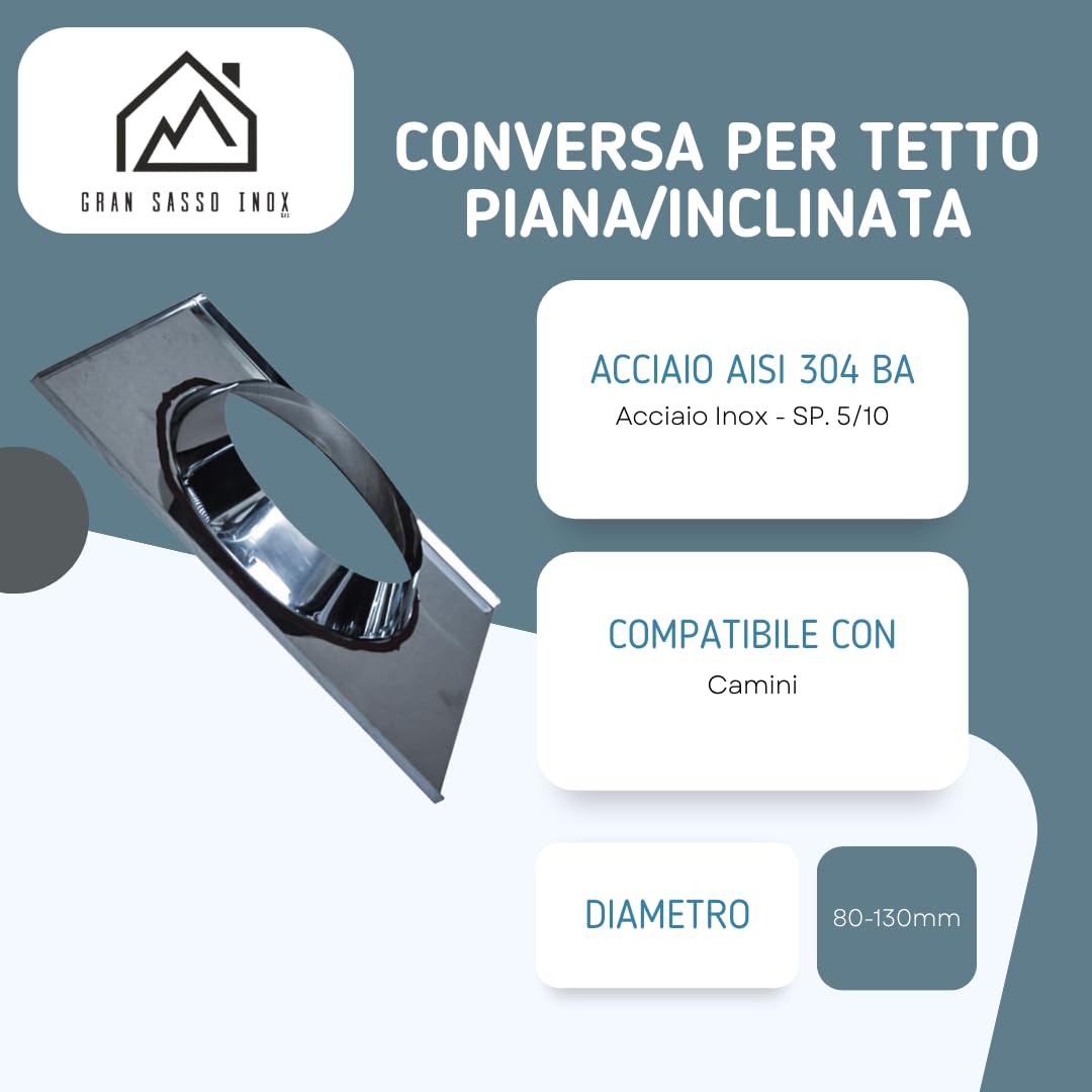 Conversa per Tetto Piana o Inclinata – Doppia Parete - in Acciaio Inox AISI 304 BA SP. 5/10 – per Camini (Ø80-130 mm)