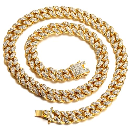 genkigold Gold Diamond Cuban Link Chain for Kids Boys Teens - 18K Real Gold Plated Necklace - 14MM Width Length 16 - Includes Giftbox