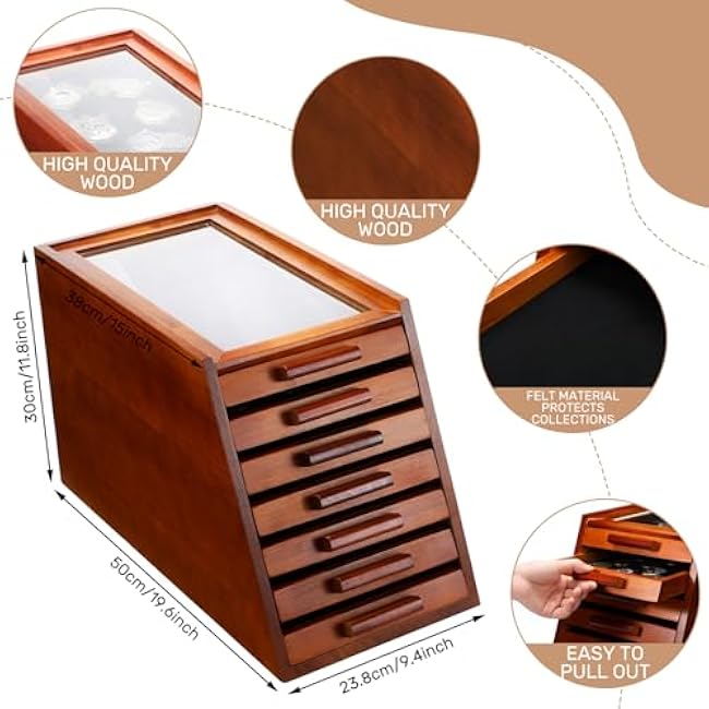 Pocket Knife Display Case Glass Top Display Case Holder Tool Storage Cabinet with Felt Bottom Drawers 7-Tier Pocket Knife Storage for Men Gift