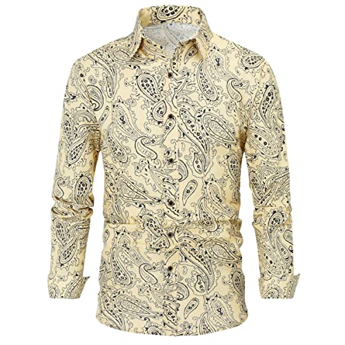 Camisa Impresa Casual para Hombre Camisas de Manga Larga de Paisley Funky con Estampado de Lino Camisa de Vestir con Botones Botones Patrón único