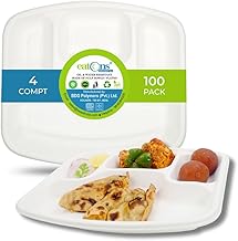 EATONS 4-Compartment Bagasse Disposable Plates [100 Pack] I Eco Friendly Biodegradable Compostable Sugarcane Paper Plates | Thali I Serve Dinner I Birthday, Wedding, Party,Snacks I White