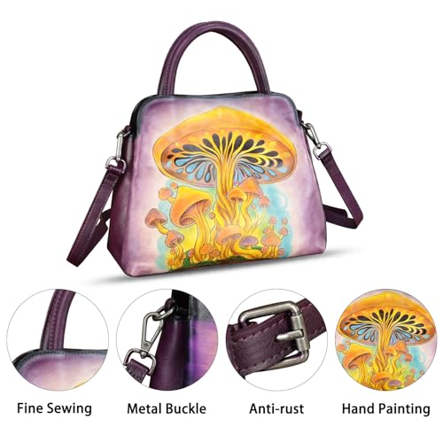 Image of Genuine Leather Handbag for Women Hand Painted Leather Top Handle Satchel Handmade Crossbody Purse