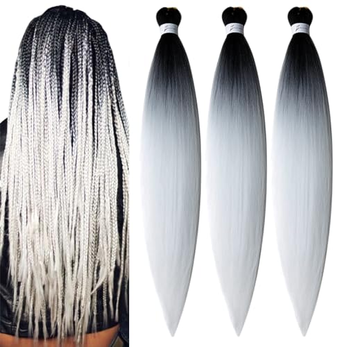 BALINGHAIR Pre Stretched Braiding Hair 28 Inch Braids Hair Ombre Black to White Hot Water Setting (B33-3Packs)