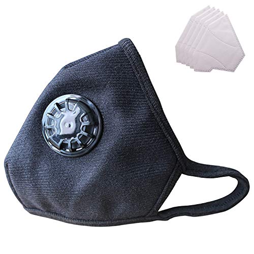 Preisvergleich Produktbild Lyanty Staubschutzmaske in Militärqualität, N99, waschbar, aus Baumwolle, Mundschutz mit Ventil, austauschbare Filter (1 Maske + 5 Filter), blau