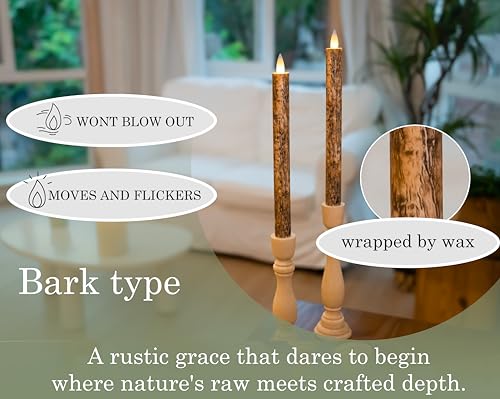 Image of Rechargeable Flameless Taper Candle with Remote Timer, 3D Moving Flame Real Wax Candles (Includes Remote Control, Charging Base, and USB Cable) (Rech-2Taper-Bark, 9in)